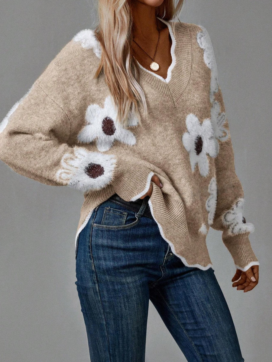 Odette - Pull Floral Élégant avec Bordure Festonnée