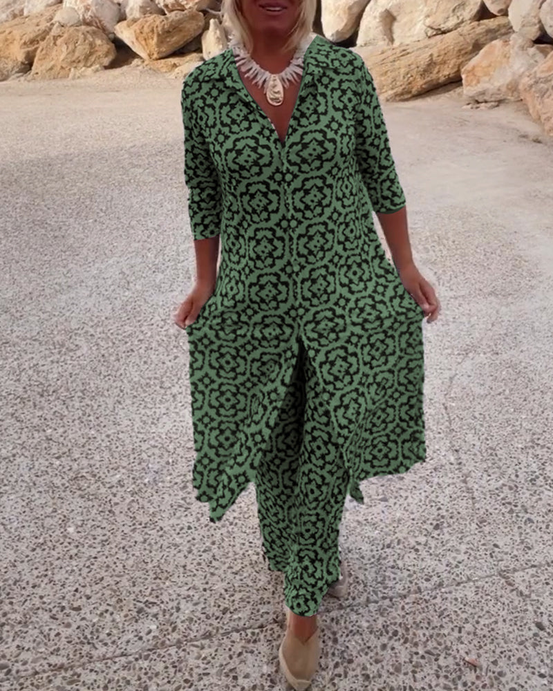 Livia - Ensemble Vintage Imprimé avec Revers et Boutons