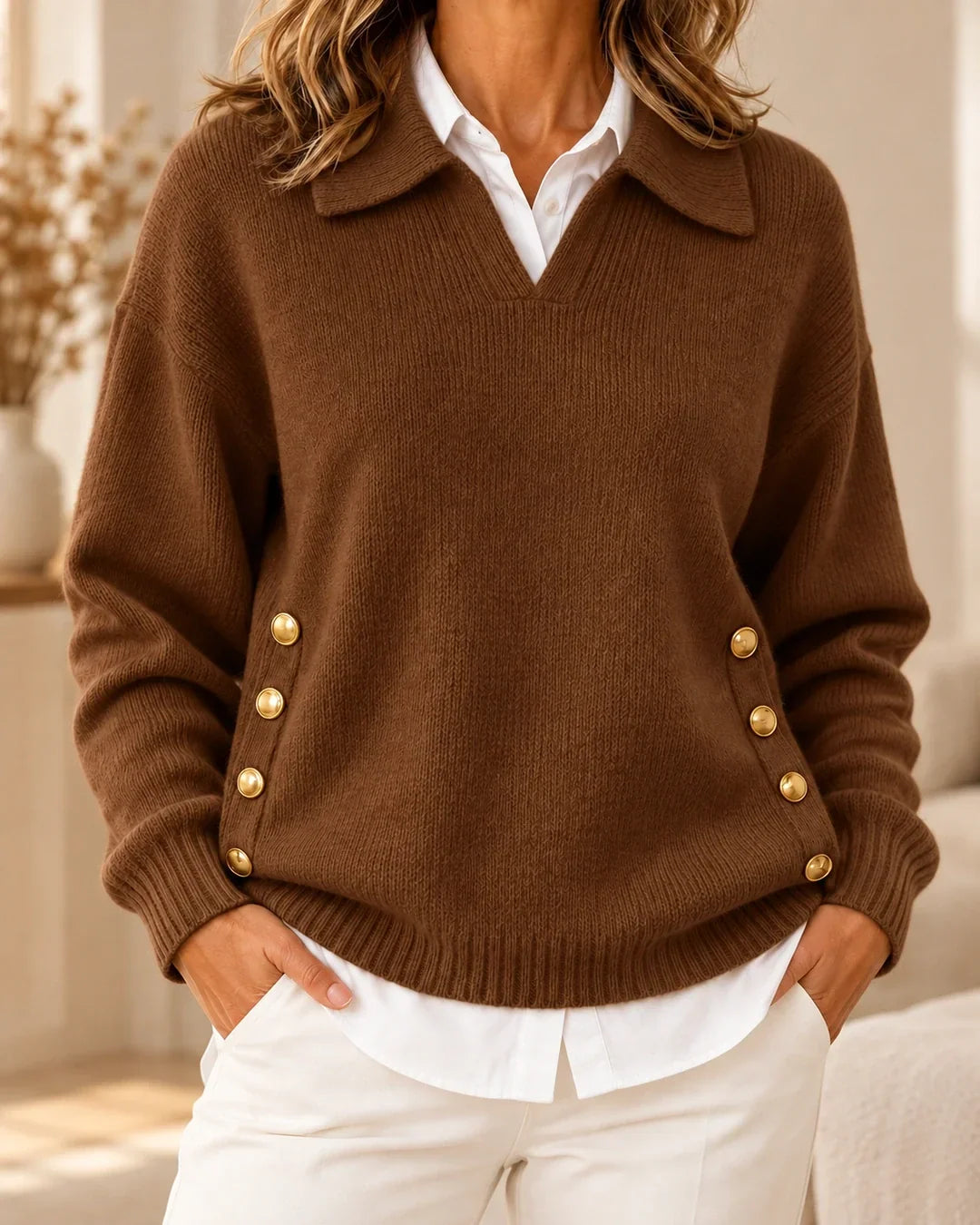 Léonie - Chandail en tricot à col polo et boutons dorés