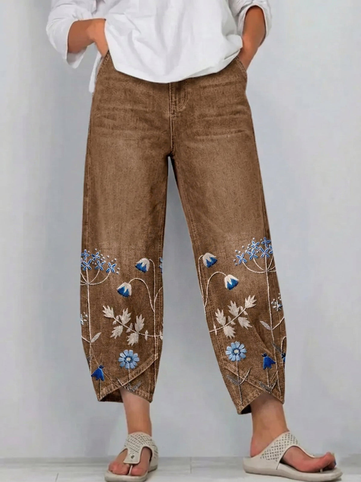 Fiorixa - Pantalon femme denim broderie florale coupe droite casual