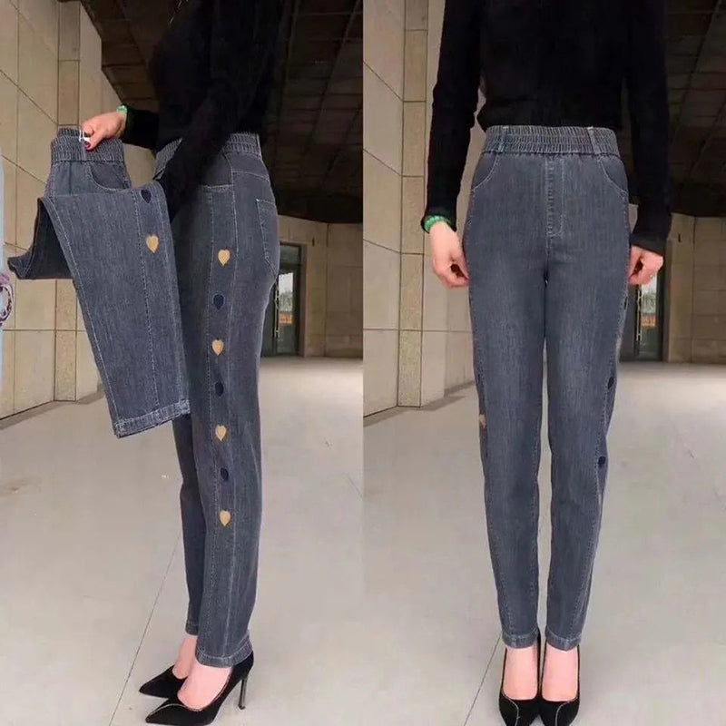 Soraya - Jeans hautement élastiques pour femmes avec broderie de motif cœur